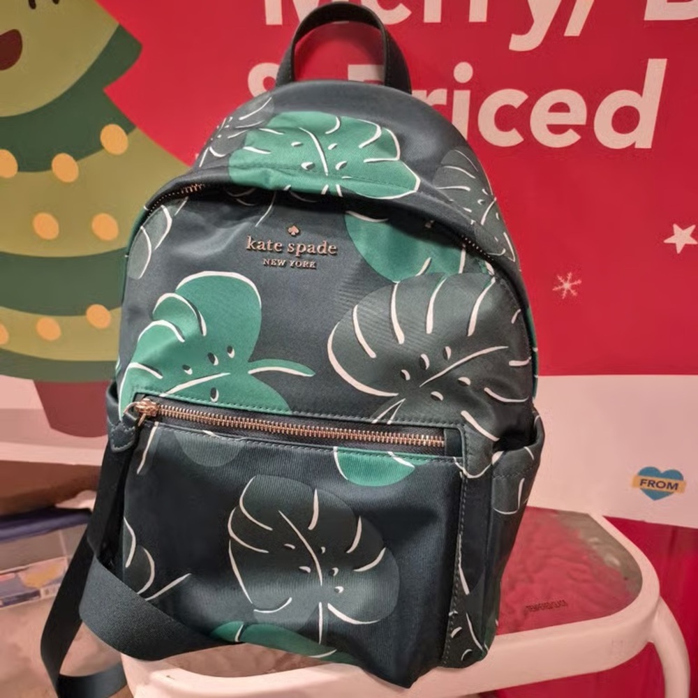 Kate Spade Dark Green and White Leaf Backpack